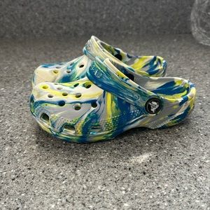 Kids Crocs Size 10 Blue, White & Yellow Marble